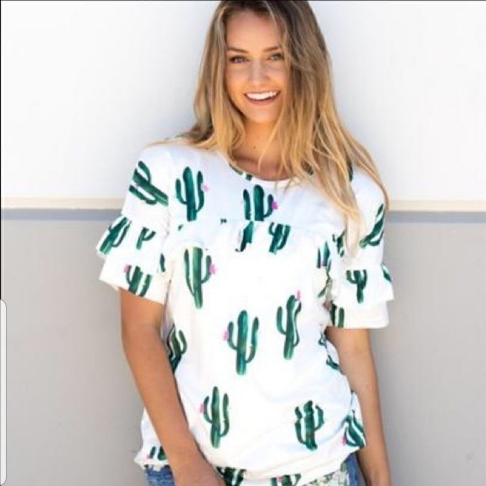 Tickled Teal Cactus Print Top Ruffles sz S